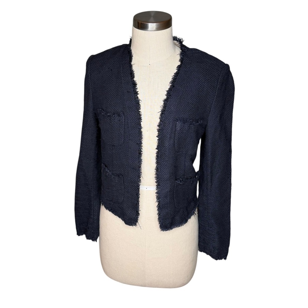 L'AGENCE Cropped Jacket Navy Blue Frayed Trim Textured Women's Size 2 Career